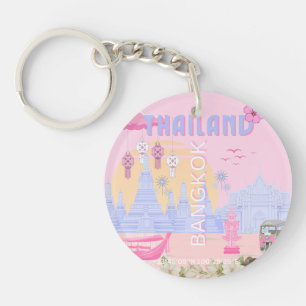 Porte-clefs Affiche de voyage rose pastel bleu de Bangkok Thaï