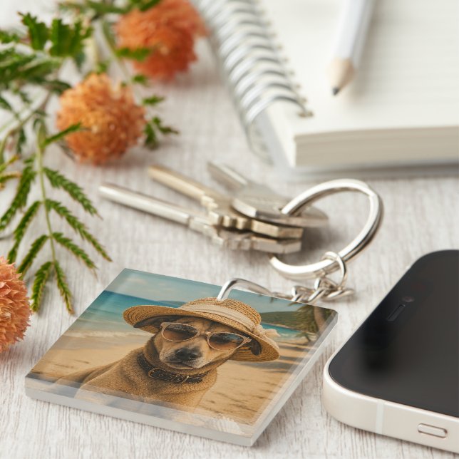 Porte-clefs Affiche Rétro de Plage avec Image et Texte Personn (Devant Droit)