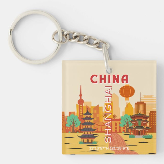 Porte-clefs Affiche Rétro de Voyage à Shanghai Chine (Devant)