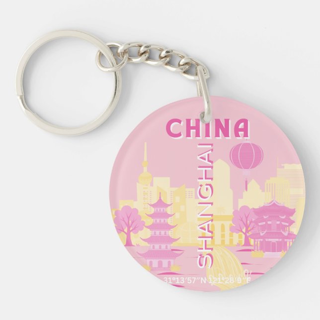 Porte-clefs Affiche rose de voyage à Shanghai Chine (Devant)