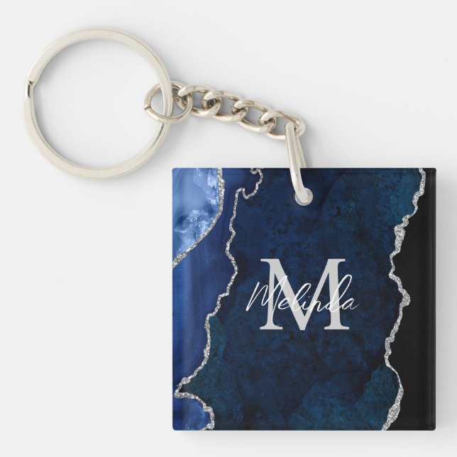 Porte-clefs Agate de marbre bleu marine et argenté (Devant)