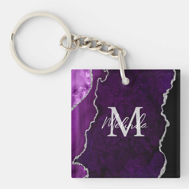Porte-clefs Agate de marbre violet et argenté (Devant)