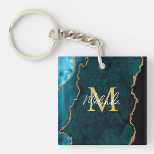 Porte-clefs Agate Marbré Bleu Canard et Or