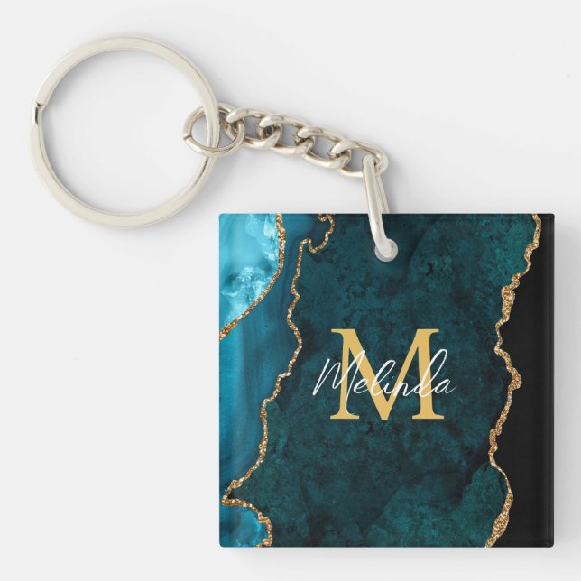 Porte-clefs Agate Marbré Bleu Canard et Or (Devant)