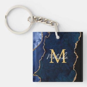 Porte-clefs Agate Marbré Bleu Nuit et Or