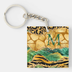 Porte-clefs Agate Poster de animal Gold et Green Safari