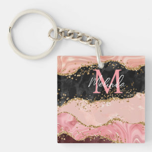 Porte-clefs Agate sequins noir et rose