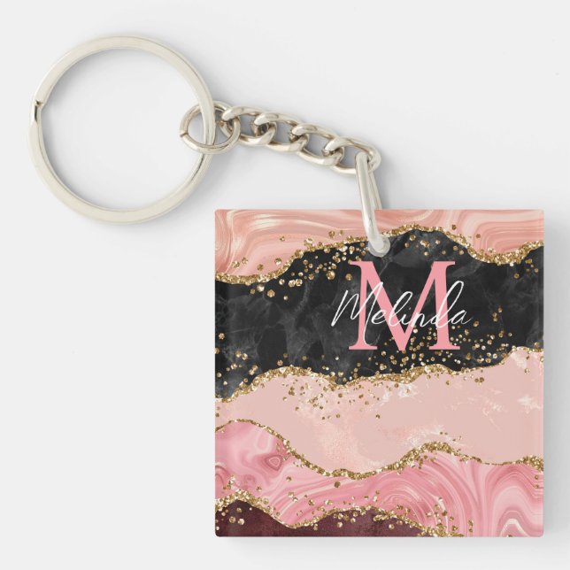 Porte-clefs Agate sequins noir et rose (Devant)
