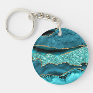 Porte-clefs Agate Turquoise Bleu Or Paillettes Marbre Aqua Tur
