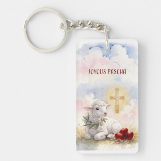 Porte-clefs Agneau joyeux de Pâques, œufs rouges et croix