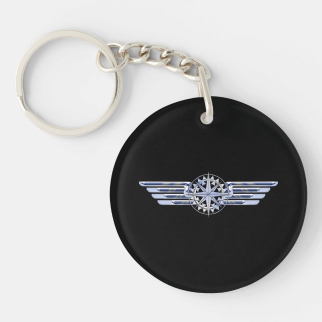 Porte-clefs Air Pilote Chrome comme ailes Compass sur noir (Devant)
