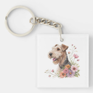 Porte-clefs Airedale Terrier avec des fleurs