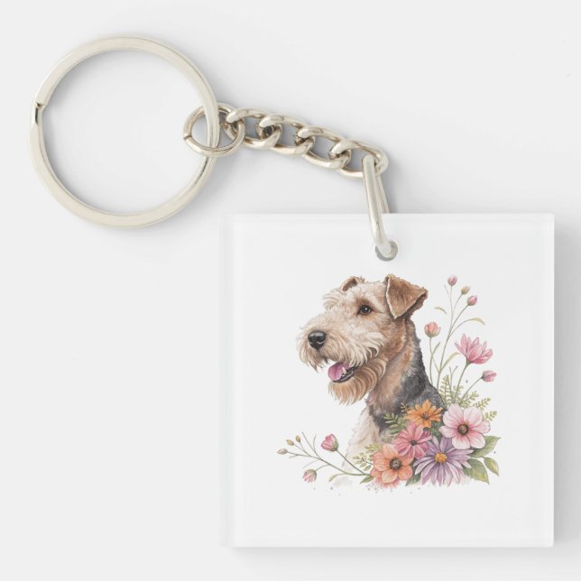 Porte-clefs Airedale Terrier avec des fleurs (Devant)