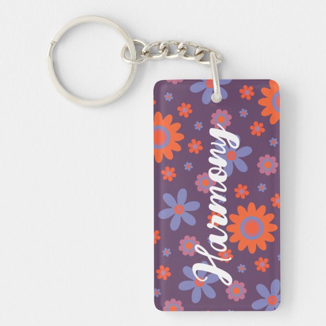Porte-clefs Ajouter un nom Fleurs Joyeuses Rétro les années 70 (Devant)