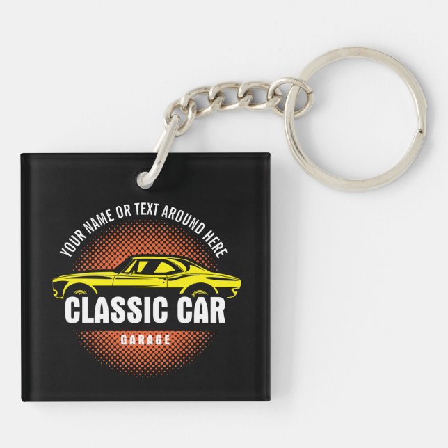 Porte-clefs Ajouter un nom Texte Jaune voiture classique (Dos)