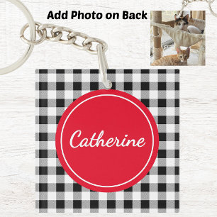 Porte-clefs Ajouter une photo, nom Buffalo Check rouge acryliq