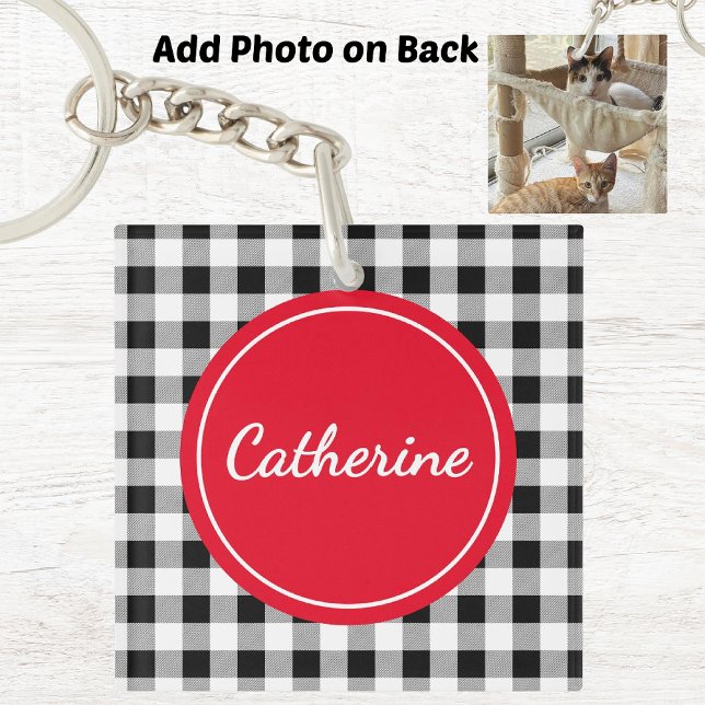 Porte-clefs Ajouter une photo, nom Buffalo Check rouge acryliq (Créateur téléchargé)