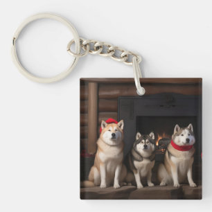 Porte-clefs Akita au coin du feu de Noël
