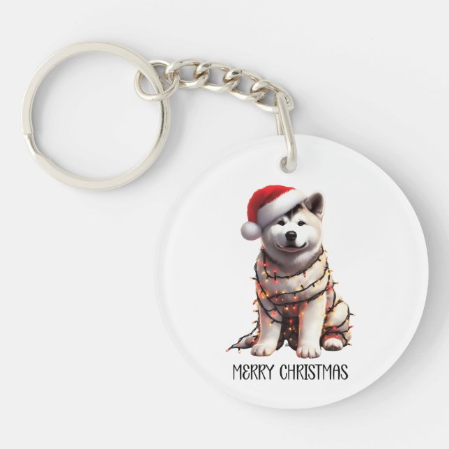 Porte-clefs Akita Chien Enveloppé Dans La Lumière De Noël (Devant)