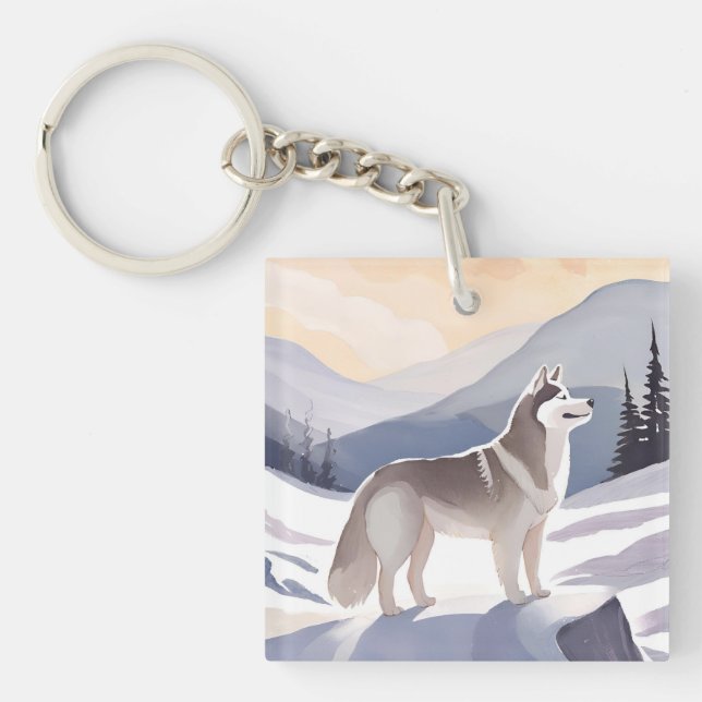 Porte-clefs Alaskan Husky | Dog Mountain Watercolor (Devant)