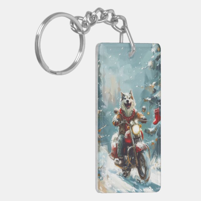Porte-clefs Alaskan Malamute Dog équitation moto Noël (Devant gauche)
