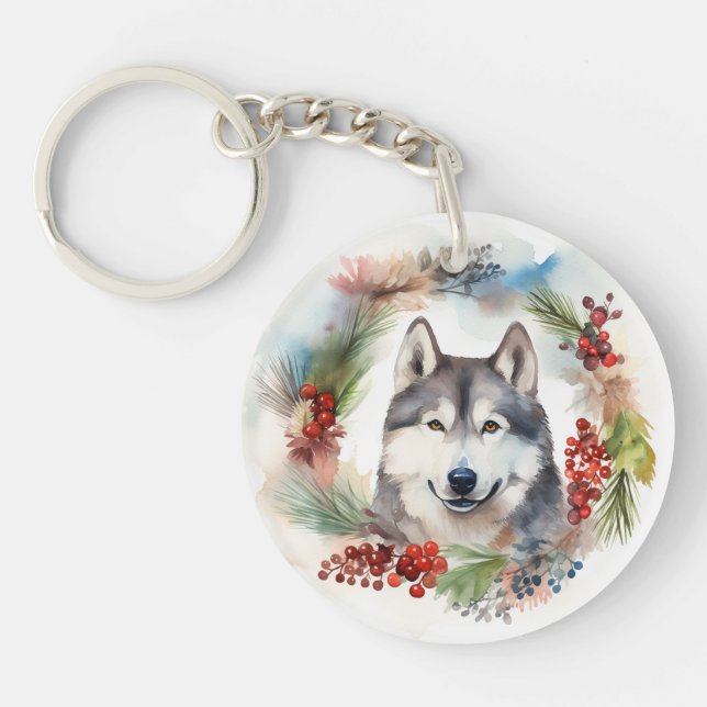 Porte-clefs Alaskan Malamute Festive de la couronne de Noël (Devant)
