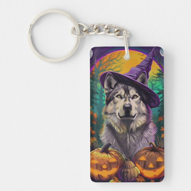 Porte-clefs Alaskan Malamute Halloween sorcière et Citrouille (Devant)