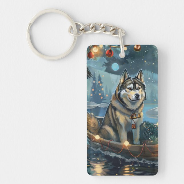 Porte-clefs Alaskan Malamute Noël Festive Voyage (Devant)