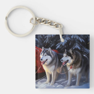Porte-clefs Alaskien Malamute Snowy Sleigh Ride Noël