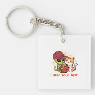Porte-clefs Alien & Chat Partageant Ramen Kawaii Art