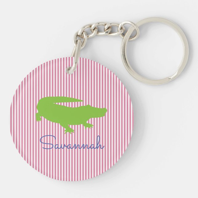 Porte-clefs Alligator Green Pink Preppy Nom personnalisé  (Dos)