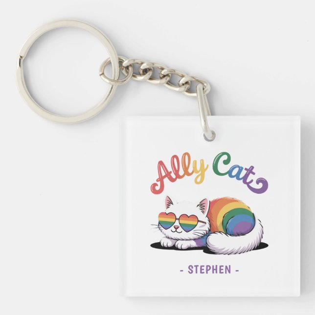 Porte-clefs Ally Cat - Cute White Cat LGBTQ Pride (2) (Devant)