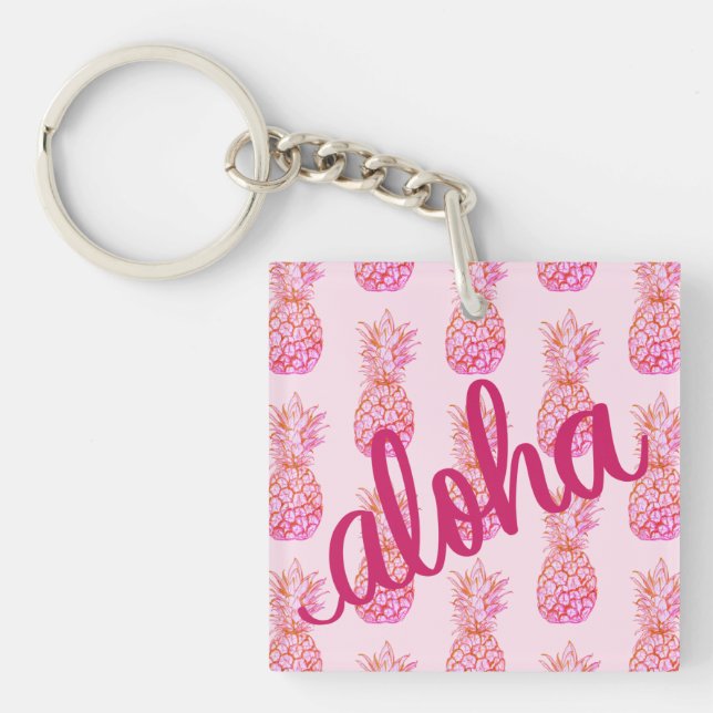 Porte-clefs Aloha Pink Pineappy Carré Mini (Devant)
