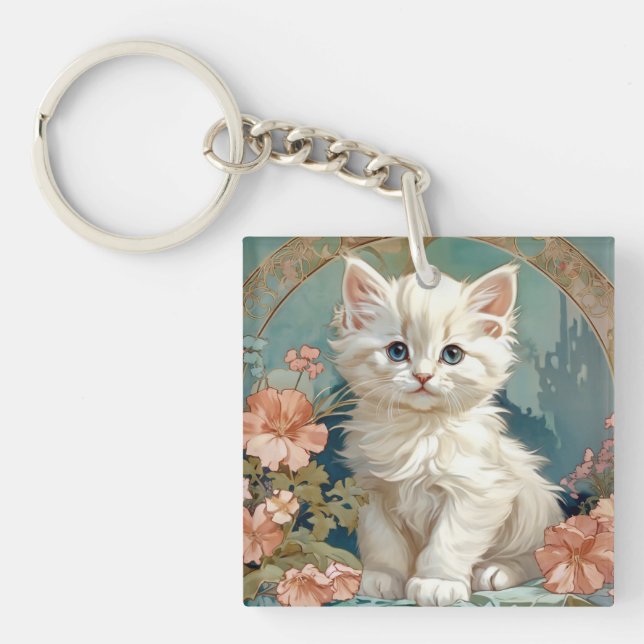 Porte-clefs Alphonse Mucha Style Chat blanc (Devant)