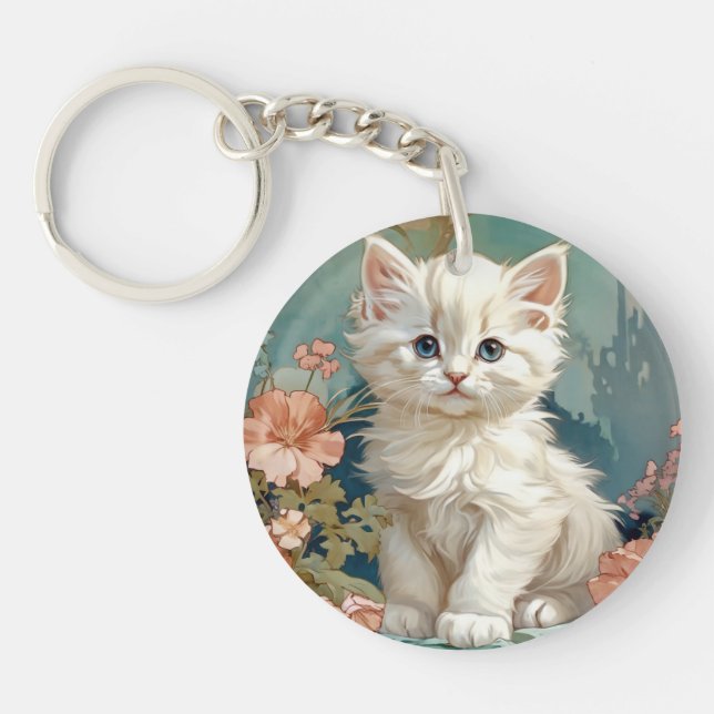 Porte-clefs Alphonse Mucha Style Chat blanc (Devant)