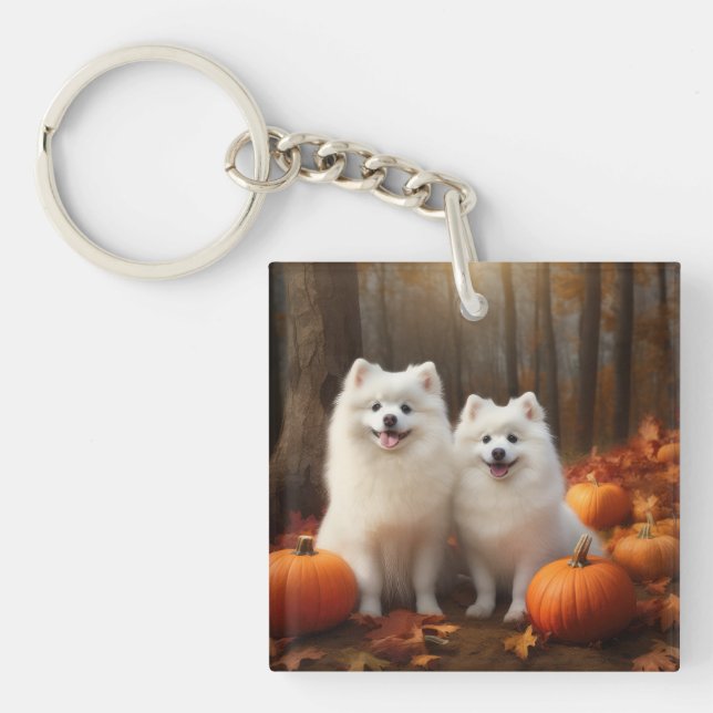 Porte-clefs American Eskimo Chiot Automne Citrouille délice (Devant)