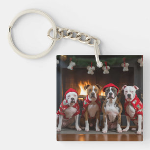 Porte-clefs American Staffordshire au coin du feu de Noël