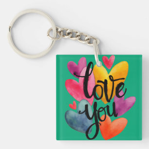 Porte-clefs Amour aquarelle vibrant : « Je t'aime » écrit à la