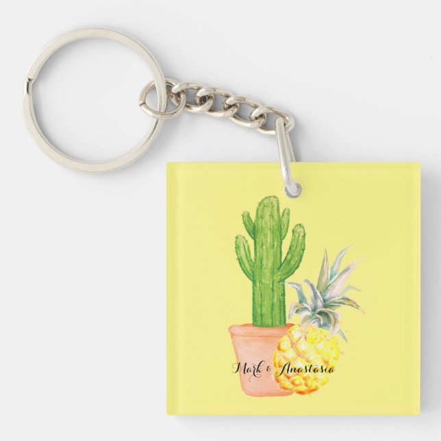 Porte-clefs Amour moderne Ananas jaune et Cactus (Devant)