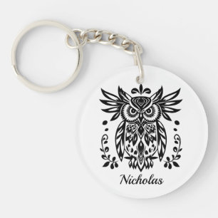 Porte-clefs Amoureux de hiboux Rustique Bois Noir Blanc Bohème