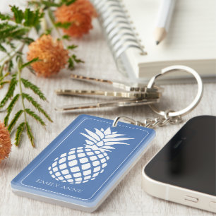 Porte-clefs Ananas blanc chic sur fond bleu