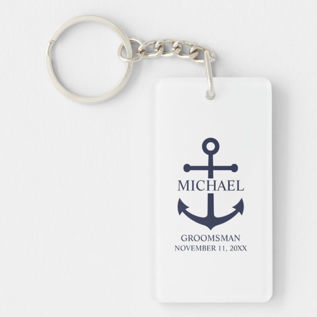 Porte-clefs Ancre Bleue marine Nautique Groomsmen personnalisé (Devant)