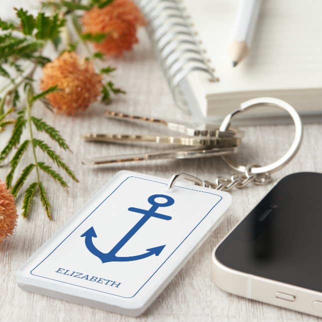 Porte-clefs Ancre nautique bleu et blanc simple Personnalisée (Devant droit)