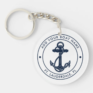 Porte-clefs Ancre nautique nom de bateau bleu marine blanc