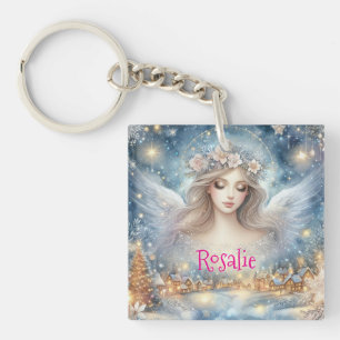 Porte-clefs Ange de neige de givre éthérée aquarelle bleue fes