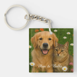 Porte-clefs Animaux Amis Chien Papa Chat Maman Florale Photo C