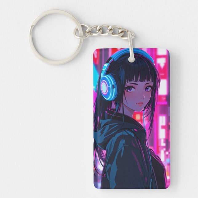 Porte-clefs Anime Girl portant un casque dans Cyberpunk Style  (Devant)
