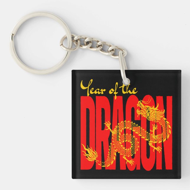 Porte-clefs Année du Dragon Rouge Or (Devant)