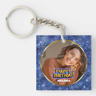 Porte-clefs Anniversaire 16 ans photo paillettes bleu et or mo