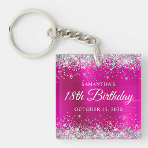 Porte-clefs Anniversaire 18 ans paillettes argentées rose chau